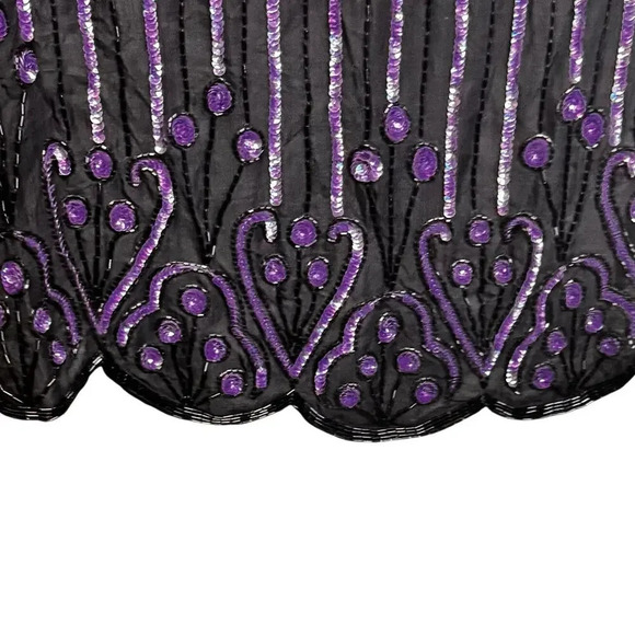 Vintage Scala Silk Blouse Black Purple Beading Sequins Long Sleeve Women's XL - Picture 4 of 8